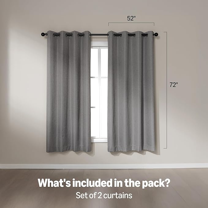 Amazon Basics Faux Linen Blackout Curtains for Bedroom and Living Room, 2-Piece Set with Grommets, 52" W x 72" L, Grey