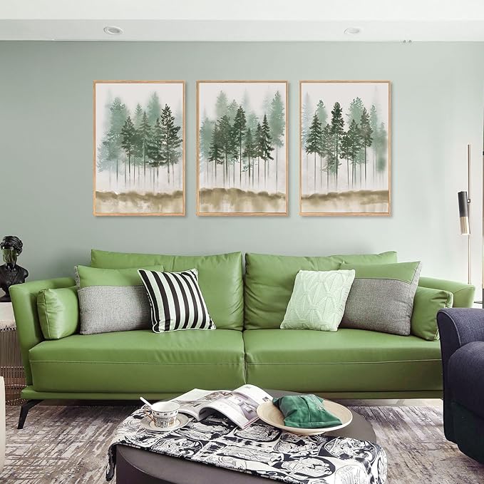 LHIUEM Foggy Pine Tree Framed Canvas Wall Art,Abstract Green Forest Wall Decor,Watercolor Nature Misty Forest Art Print for Living Room, Bedroom,Dining Room, Office-16''x24''x3