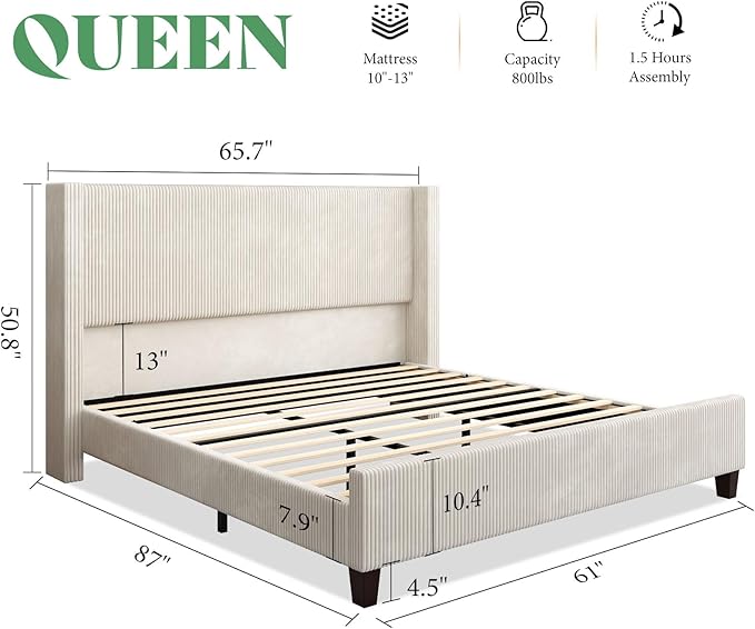 AMERLIFE Queen Size Upholstered Bed Frame with 50.8" Tall Headboard, Wingback Platform Bed with Solid Wood Legs, Wooden Slats, Corduroy/No Box Spring Needed/Noise Free/Cream