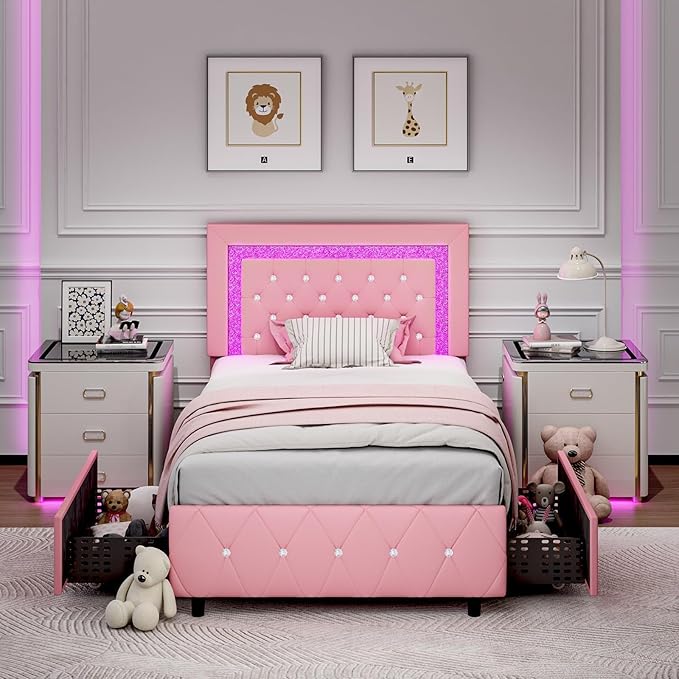 BarnFurin Twin Bed Frame with LED Lights and Storage Drawers, Upholstered Platform Bed with Diamond Headboard, Faux Leather Princess Platform Bed, No Box Spring Needed, Easy Assembly, Pink