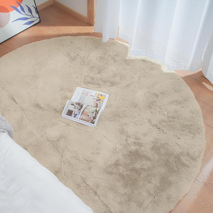 Camel Washable Shag Area Rugs for Living Room Small Plush Faux Bunny Shaggy Fur Round Rugs 4ft Cute Room Nursery Rug
