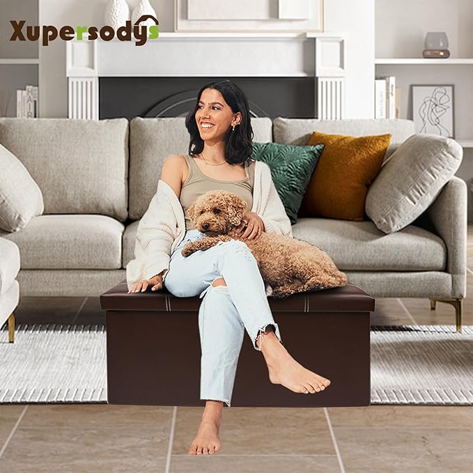 xupersodys 30 Inches Folding Storage Ottoman Bench, Faux Leather Footstool Ottoman, Storage Trunk Footrest for Bedroom, Living Room and Hallway, Support 350lbs, Brown (White line)