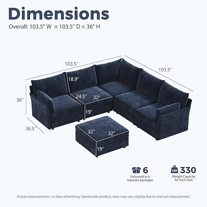 ABCASA 103.5" Oversized Modular Sectional Sofa, L Shaped Convertible Couch with Movable Ottoman, Large 6 Seat Corner Couches for Living Room Deep Seat- Blue Chenille