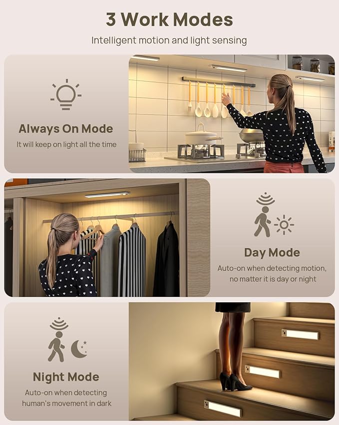 Under Cabinet Lighting with Remote Control,USB Rechargeable 180 Lumen Motion Sensor Light Indoor,Magnetic Wireless Under Counter Light,3 Color Dimmable Closet Lights for Kitchen, Pantry, Stair, 6 Pack