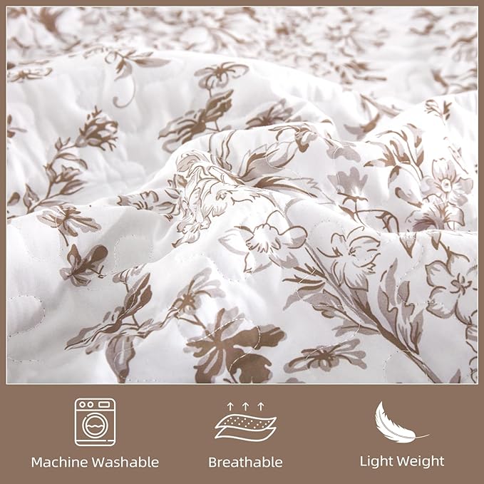 WONGS BEDDING Queen Size Quilt Set, Brown Quilt Bedding Set with 2 Pillowcases, Botanical Quilt for Queen Bed, Soft Microfiber Lightweight Coverlet Bedspread for All Season (96"×90", 3 Pieces)