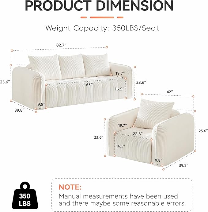 Corduroy Boneless Living Room Sets, Modern Upholstered 3 Seater Sofa with 2 Signle Accent Chairs, Comfy Deep Seat Cloud Sofa Couch Sets for Living Room, White