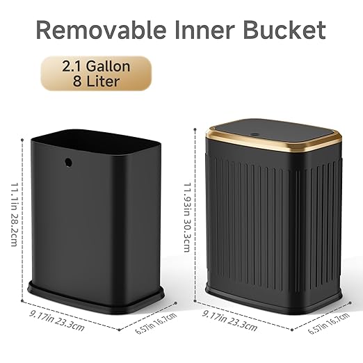 TIPGO Bathroom Trash Can with Lid, 2.1 Gallon / 8 Liter Small Garbage Can, Press Top Bin, Stainless Steel Wastebasket with Pop-Up Lid for Bedroom, Living Room, Office (Black)