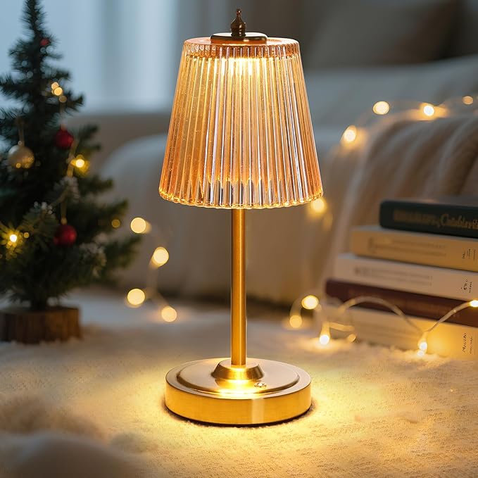 Small Table Lamp with 5200mAh Battery & Touch Control - 3 Adjustable Color Temperatures, Dimmable Rechargeable Table Lamps for Living Room, Bedroom, Bedside (Amber Stripe)