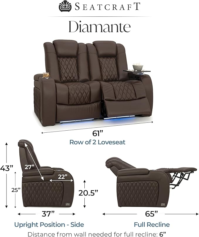 Seatcraft Diamante Zero-Gravity CoolZero Italian Leather Home Theater Seating, Power Headrest, Power Recline, Row of 2 Loveseat, Brown