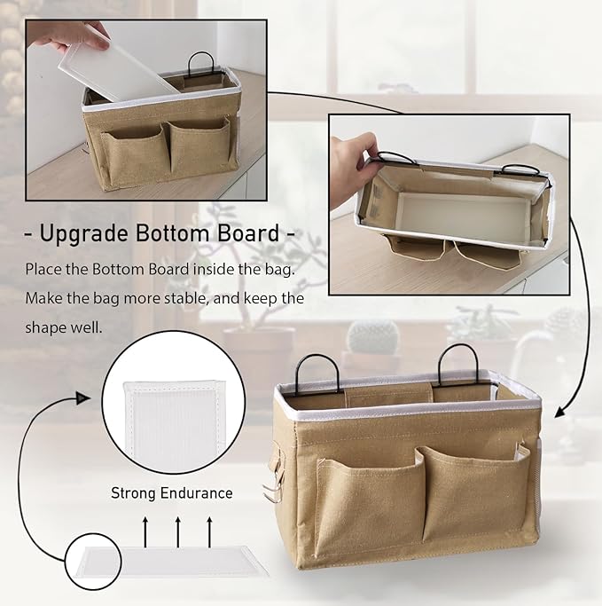 Kanrichu 3pcs Middle Wall Hanging Organizer Bag, Linen Fabric Door Hanging Storage Basket with Pockets, Waterproof Bin for Kitchen, Bedroom, Office, RV Camper (Khaki)