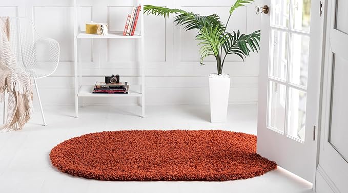 Unique Loom Solid Shag Collection Area Rug (7' 10" x 10' Oval, Terracotta)