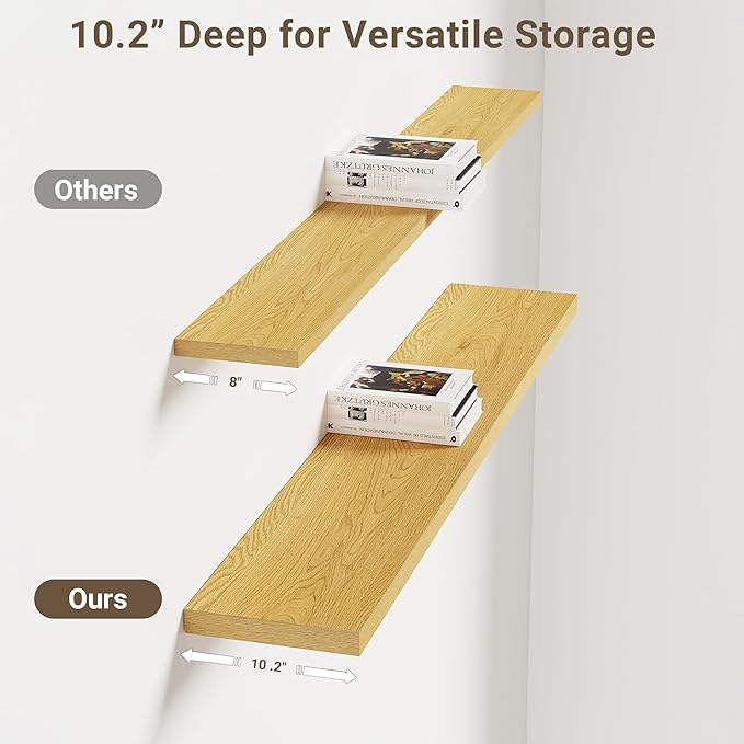 Vivelove 10" Deep Floating Shelves with Invisible Brackets, 47" Wall Shelves for Bathroom Bedroom Kitchen Living Room Laundry Room, Modern Rustic Shelves for Home Decor, 47.2"x10.2"x1.5"Set of 2, Oak