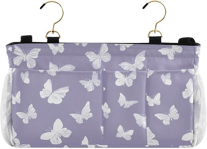 Bedside Caddy Hanging Bunk Bed Caddy Bed Organizer Hanging Pocket with 2 Hooks Bedside Storage Organizer Pocket Bag Holder White Butterfly Purple