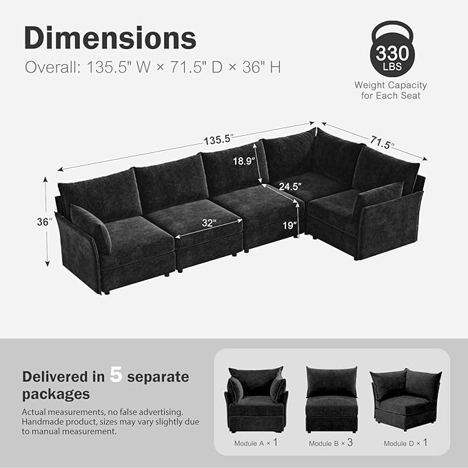 ABCASA 135.5" Oversized Modular Sectional Sofa, L Shaped Convertible Couch with Movable Ottoman, 5 Seat Corner Couches for Living Room Deep Seat Black Chenille