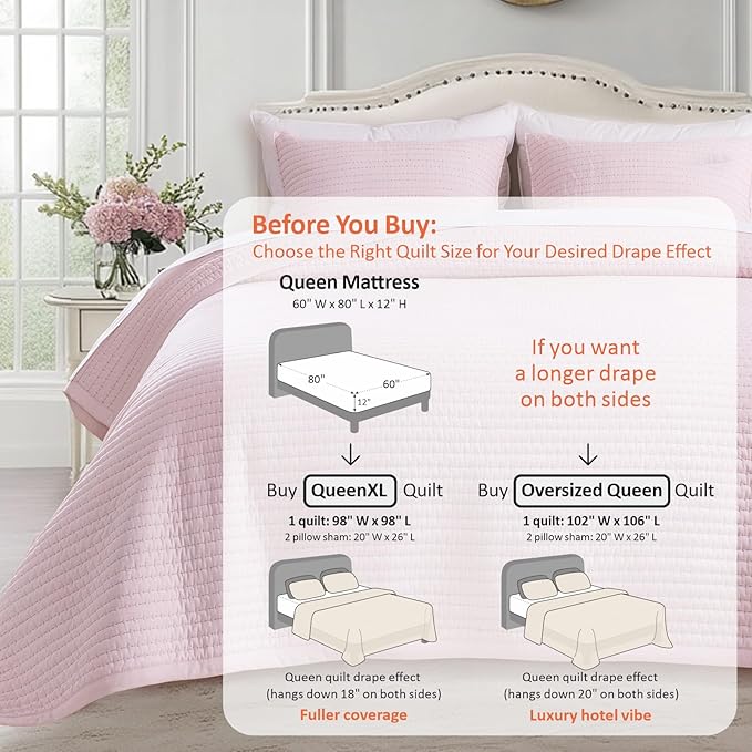 KASENTEX Queen XL Quilt Set 98"x98" – Soft Washed 3-Layer Lightweight Bedspread, Minimalist Nordic Design, All-Season Spring & Summer Quilt Set (1 Quilt + 2 Pillow Shams), Pink