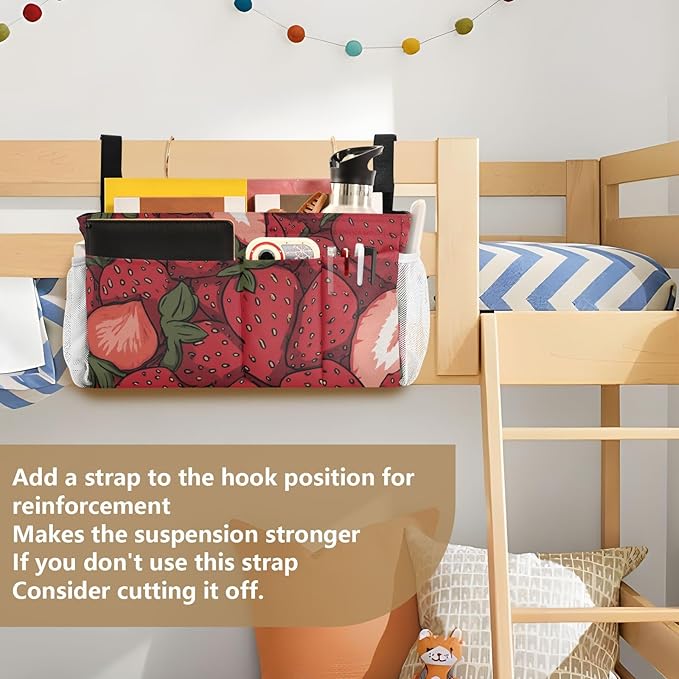 Bedside Caddy Hanging Bunk Bed Caddy Bed Organizer Hanging Pocket with 2 Hooks Bedside Storage Organizer Pocket Bag Holder Cartoon Red Strawberry