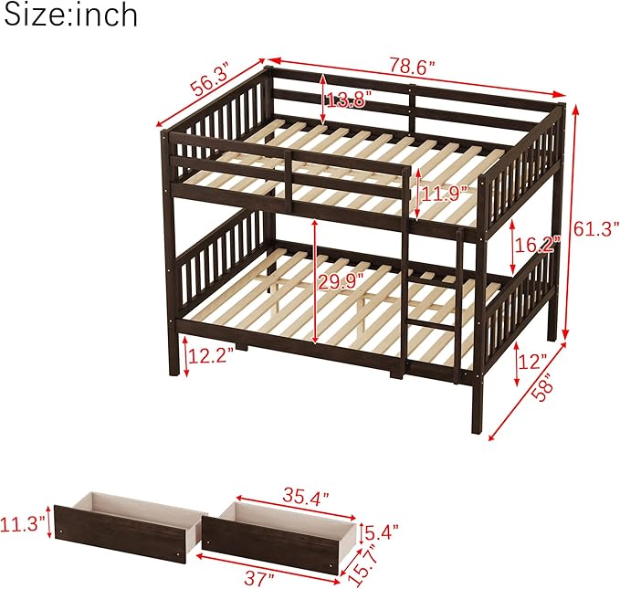 Full Over Full Bunk Bed with Storage Drawers,Convertible Bunk Beds with Ladder & Safety Guardrails,Full Size Bunk Beds for Kids Girls Boys,Espresso