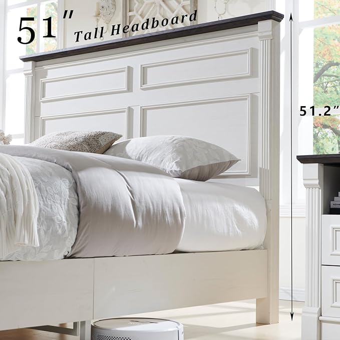 Farmhouse Queen Size Bed Frame with 51" Tall Headboard, Wood Platform Bed Frame with 20" Tall Roman Column Decoration Footboard & 2 Large Storage Drawers, No Box Spring Needed (White)