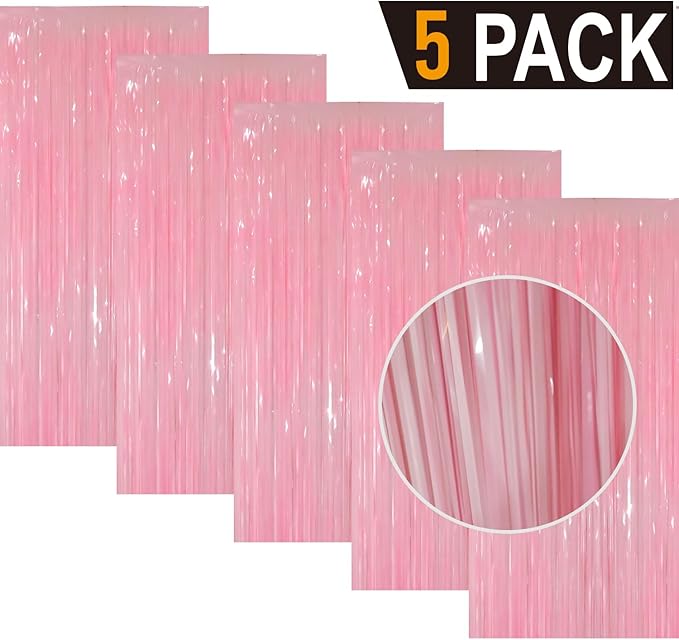 GOER 3.2 ft x 8.2 ft Foil Fringe Curtains Party Photo Backdrop Party Streamers for Birthday,Graduation,New Year Eve Decorations Wedding Decor(5 Packs,Candy Pink)
