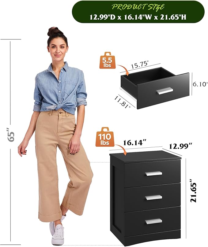 WLIVE Black Night Stand with 3 Drawers, Small Wooden Nightstand, Bed Side Table for Bedroom, Living Room, Dorm, Modern Minimalist Bedside Table, 12.9" D x 16" W x 21.6" H