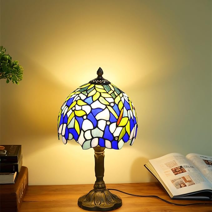 Tiffany Table Lamp Mini Nightstand Lamps Stained Glass Bedside Lamp Wisteria Night Lamp Reading Desk Light for Office Bar Bedroom Living Room,7.87 inch