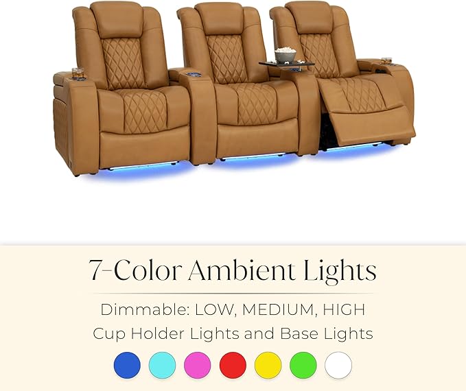 Seatcraft Diamante Zero-Gravity CoolZero Italian Leather Home Theater Seating, Power Headrest, Power Recline, Row of 5 Left Loveseat, Tan Oak