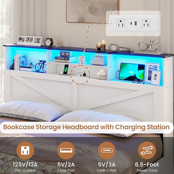 VIAGDO Farmhouse Bed Frame King Size with Bookcase Storage Headboard, Charging Station and LED Lights, Wooden King Bed Frame with 4 Drawers, Barn Door Design, No Box Spring Needed, No Noise, White