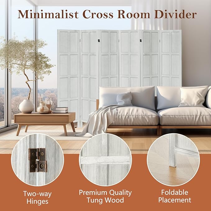 Wood Room Divider 6 Panel Folding Privacy Screen, Classic 5.6Ft Indoor Wooden Partition, Portable Partition Wall Divider for Room Separation, Home, Office, Bedroom, Restaurant (White)