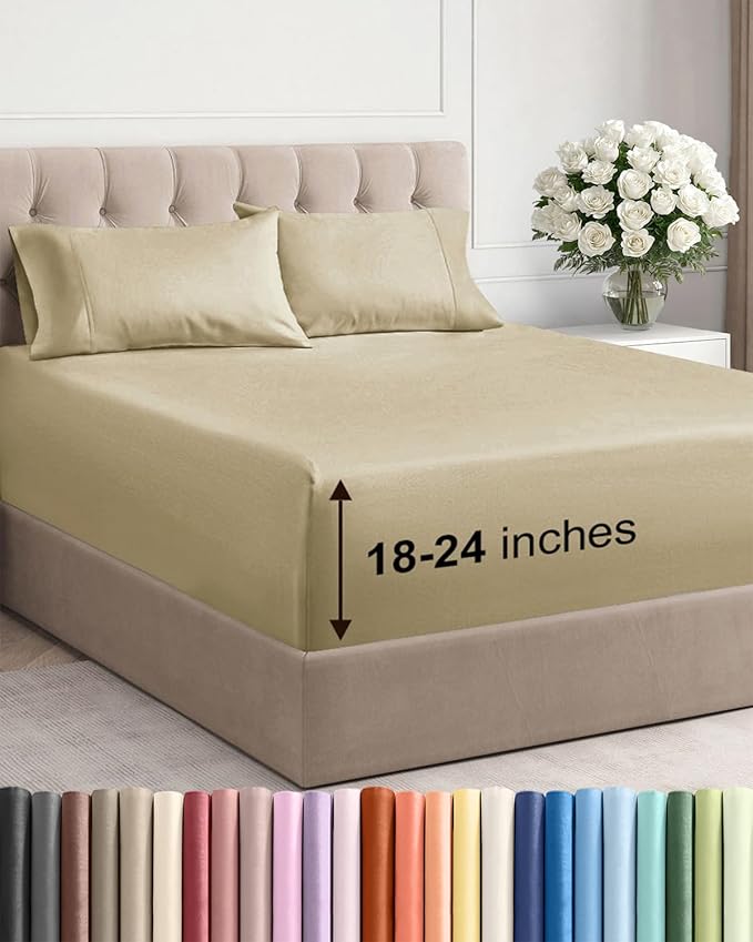 Extra Deep Twin Sheet Set - 4 Piece Breathable and Cooling Sheets - Hotel Luxury Bed Sheets Set - Easy & Secure Fit - Soft, Wrinkle Free and Comfy Sheets Set - Beige Sheet Set with Extra Deep Pockets