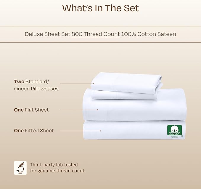 California Design Den Luxury 800 Thread Count 100% Cotton Sheets for Queen Size Bed - Soft Sateen,Deep Pockets for a Snug Fit, Durable Bedding Set - White Sheets