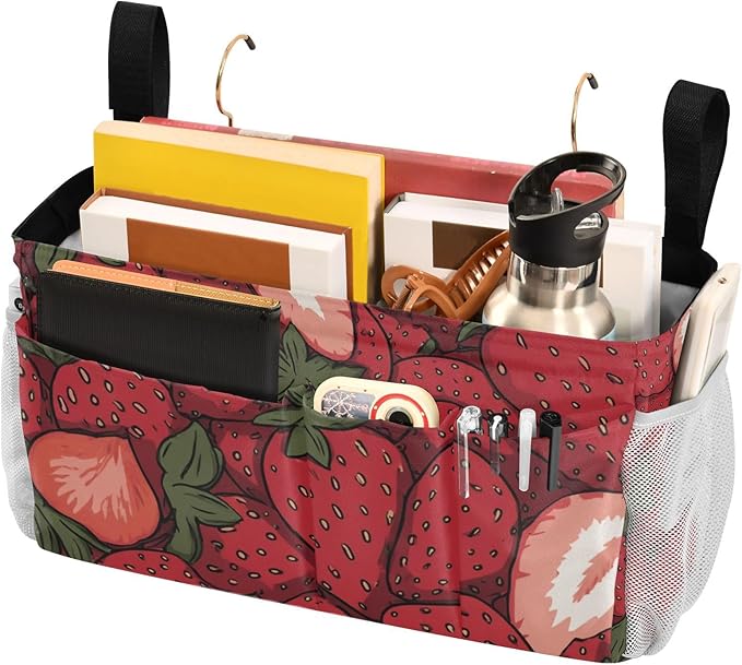 Bedside Caddy Hanging Bunk Bed Caddy Bed Organizer Hanging Pocket with 2 Hooks Bedside Storage Organizer Pocket Bag Holder Cartoon Red Strawberry