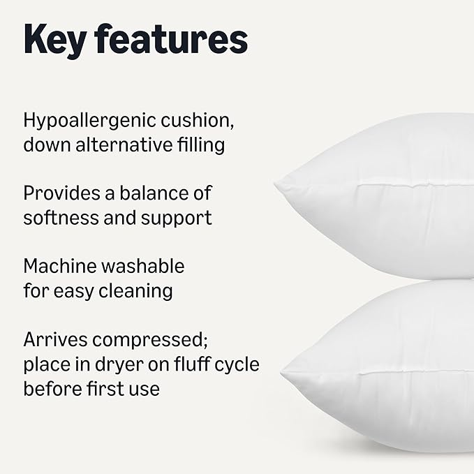 Amazon Basics Square Hypoallergenic Pillow Insert, Sofa Bed Couch Decorative Stuffer, 18", 2 Pack