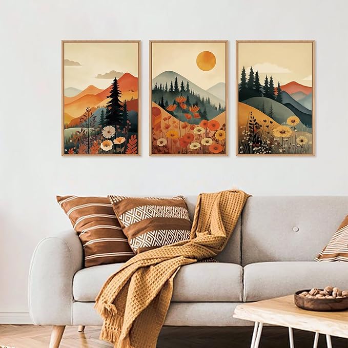 LHIUEM Large Boho Mountain Sunset Framed Canvas Wall Art Set, Pine Tree Flowers Wall Decor, Nature Landscape Forest Artwork for Living Room,Bedroom,Dining Room,Office -16"x24"x3
