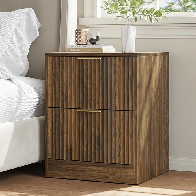 6 Drawer Dresser & Nightstand Set 3-Piece, 55” Wide Fluted Dresser and Night Stand Set of 2 with Metal Handle, Modern Wood Chest of Drawers Storage Dressers Set for Bedroom, Walnut