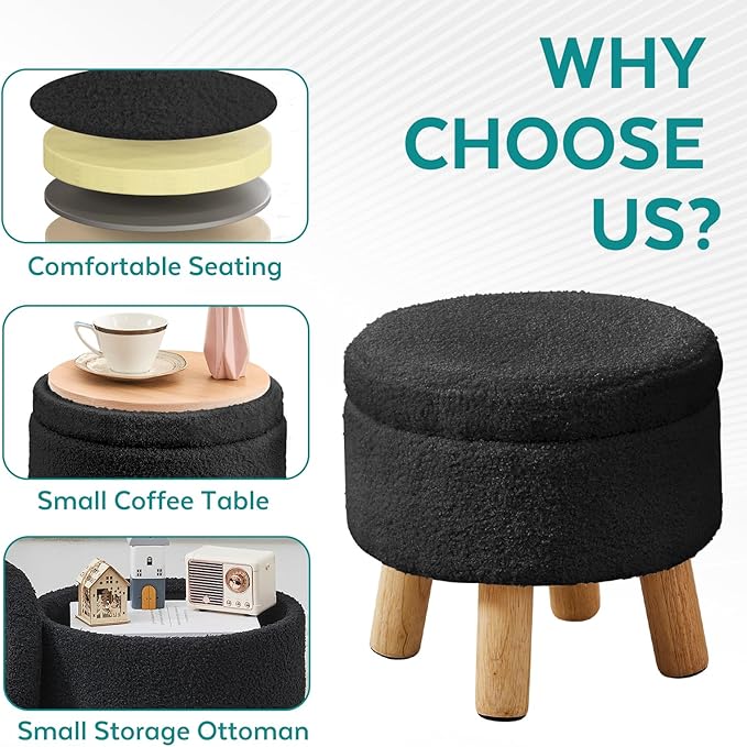 FIMIVIBI Small Foot Stool Ottoman with Storage, Sherpa Ottoman Foot Rest for Couch, Round Footstool with Storage, Small Ottomans and Footstools for Living Room and Entryway (Black)
