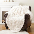BATTILO HOME Cream Faux Fur Throw Blanket for Bed, Large Double Side Ruched Rabbit Fur Blanket for Couch, Bed, Super Soft Cozy Mink Blanket, 60"x80"
