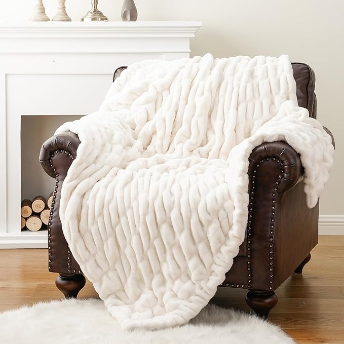 BATTILO HOME Cream Faux Fur Throw Blanket for Bed, Large Double Side Ruched Rabbit Fur Blanket for Couch, Bed, Super Soft Cozy Mink Blanket, 60"x80"
