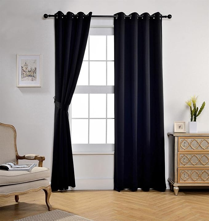 MIUCO 1 Pair Thermal Insulated Grommet 52-Inch-by-95-Inch Blackout Window Curtain Panels with 2 Tie Backs, Black