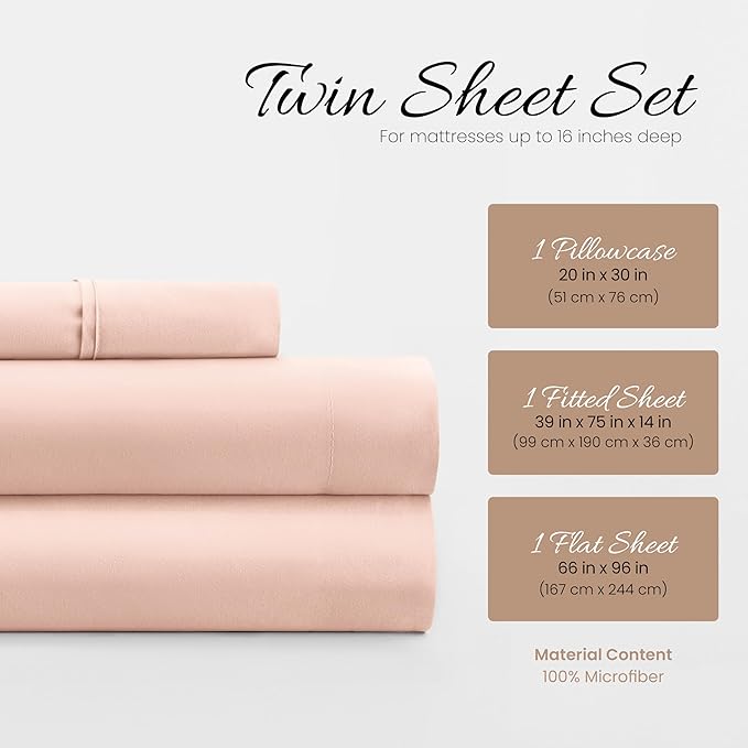 Linen Market Bed Sheets for Twin Size Bed (Blush) - Sleep Better Than Ever with These Soft and Cooling Twin Sheets - Deep Pocket Fits 16" Thick Beds - 3 Piece Twin Sheet Set