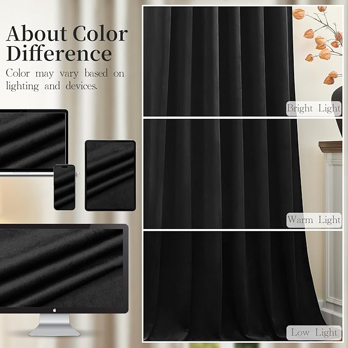 AUSSPVOCT Black Velvet Blackout Curtains 96 Inches for Bedroom, Light Reducing Thermal Curtain Elegant Soft Luxury Room Darkening Window Drapes for Living Room, Back Tab Rod Pocket, W52 x L96, 2 Pcs