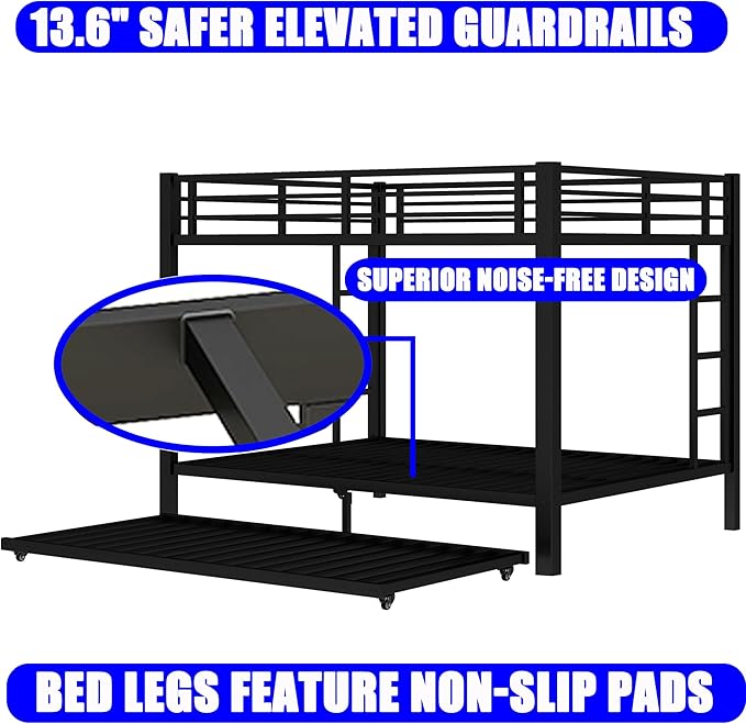 Upgraded Version Thicken Metal Queen Over Queen Bunk Bed with Trundle, Heavy-Duty Steel Bunk Bed for Adults, Easy Assemble (with Trundle)