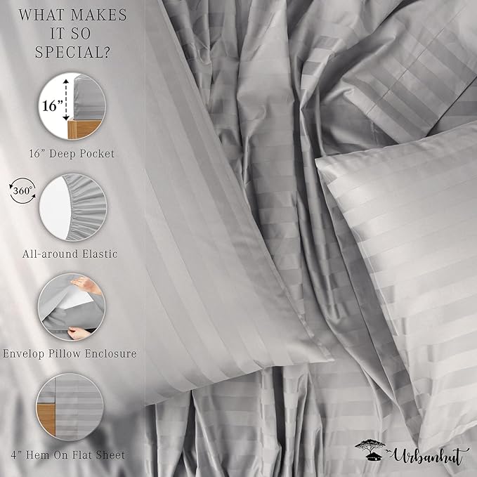 URBANHUT 800 Thread Count 100% Cotton Damask King Size Sheets, 4 Piece Striped King Size Bedsheets, Luxury Hotel Sheets Sateen Weave - Better Than Egyptian, 16" Elasticized Deep Pocket- Silver Grey