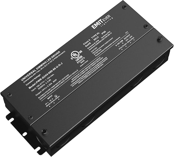 EMITEVER Dimmable Led Driver, 80W AC 110V-277V to DC 24V Transformer, 5-in-1 Dimming: ELV/MLV/TRIAC / 0-10V / 1-10V / 10V PWM/Potentiometer,Class 2,Waterproof IP67 and UL Listed，Class 2