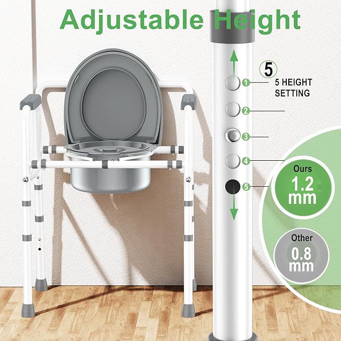 ZOLIQUEX 3 in 1 Bedside Commodes Chair for Seniors with Arms, Portable Width 21.5'' Steel Potty Chair for Elderly Adults with 5 Adjustable Height, Supports Up To 350lb, 6QT Bucket, Tool-Free Assembly