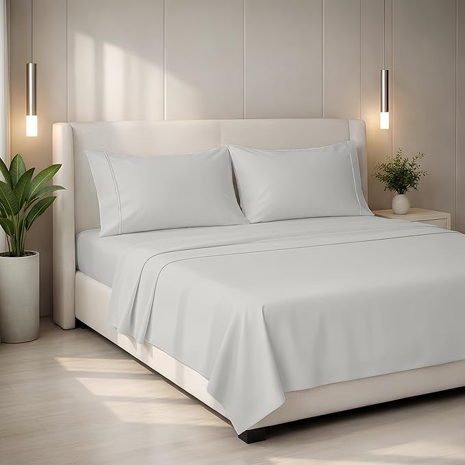 Mayfair Linen 100% Egyptian Cotton King Sheets Set - 2000 Series Luxury Sheets King Size Bed Set, Soft & Cooling, Sateen Weave 17" Extra Deep Pocket Hotel Collection Sheet (4 Pc, Light Grey)