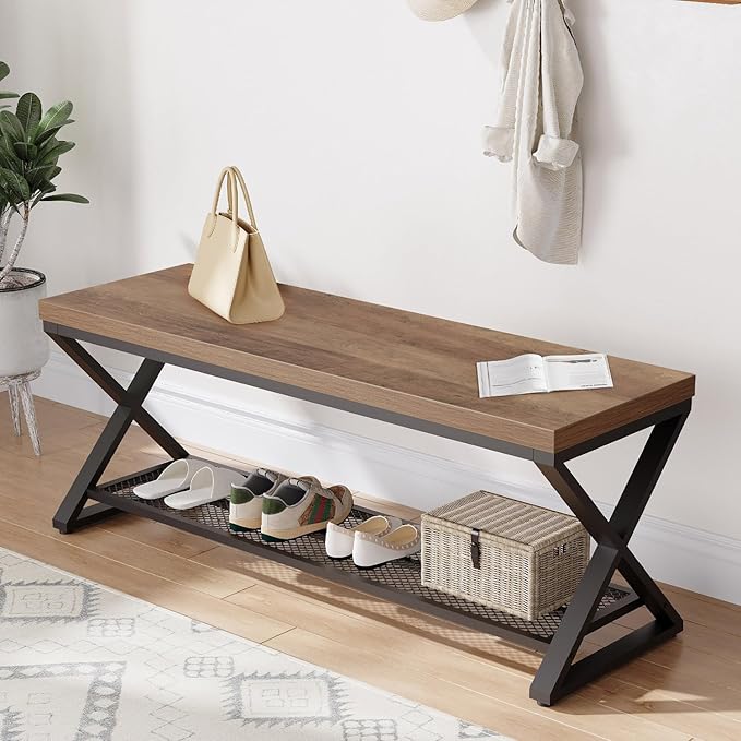 LVB Entryway Bench, Indoor Shoe Bench with Storage and Seating, Wood Metal Storage Bench for Bedroom Living Room, Farmhouse Shoe Rack Bench for Sitting in Hallway Foyer Entrance, Rustic Oak, 47 inch