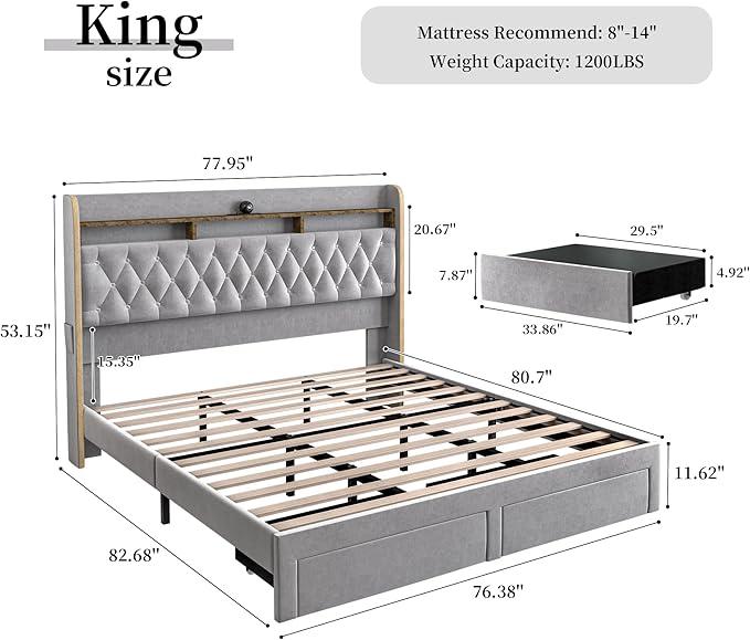 King LED Bed Frame with Storage Drawers, Velvet Upholstered Platform Beds with Galaxy Star Projector Charging Station Speaker, Aurora Bedframe with 2-Tier Storage Headboard, Noise-Free, Grey