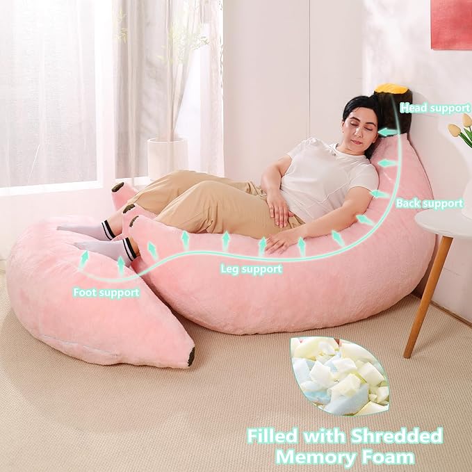 Banana Bean Bag Chair with Ottoman, Floor Sofa Bed with Footrest, Comfy Convertible Lounger for Adults, Plush Couch for Bedroom, Living Room or Dorm, L-Pink