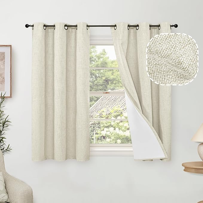 45 Inch Length Linen Blackout Curtains for Short Cafe Window, Thermal Insulated Light Blocking Soundproof Privacy Burlap Curtains 2 Panels, Each 38 Inch Wide Natural