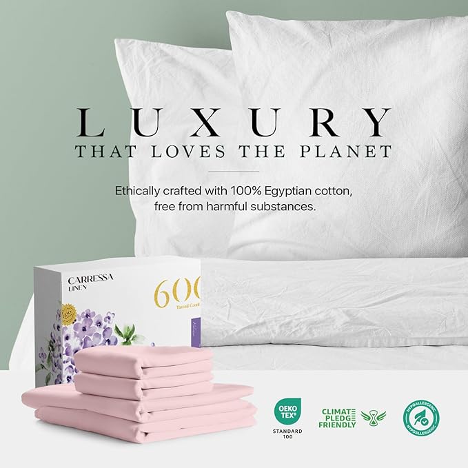 Carressa Linen 100% Egyptian Cotton Queen Sheet Set - 600 Thread Count Egyptian Cotton Queen Sheets Set (4 PC, Blush), Ultra Soft, Cooling, 16" Deep Pocket Sateen Weave Luxury Hotel Bed Sheet